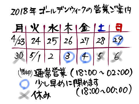 2018年ゴールデンウィーク期間中の営業ご案内